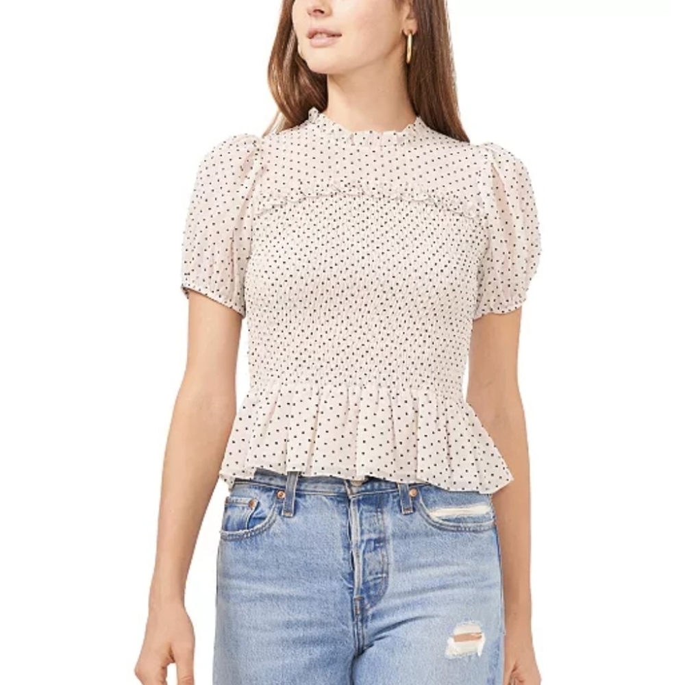 NWT Polka Dot Smocked Bodice Peplum Top